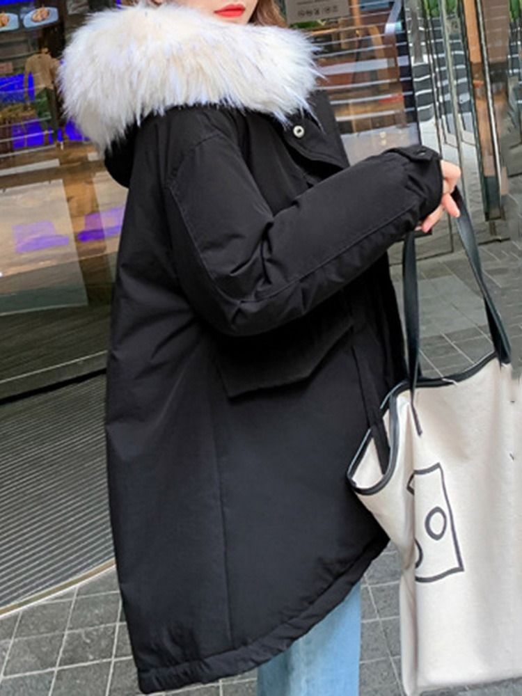 Veste Matelassée En Coton Mi-long Ample À Capuche En Fausse Fourrure À Capuche Épaisse Pour Femme