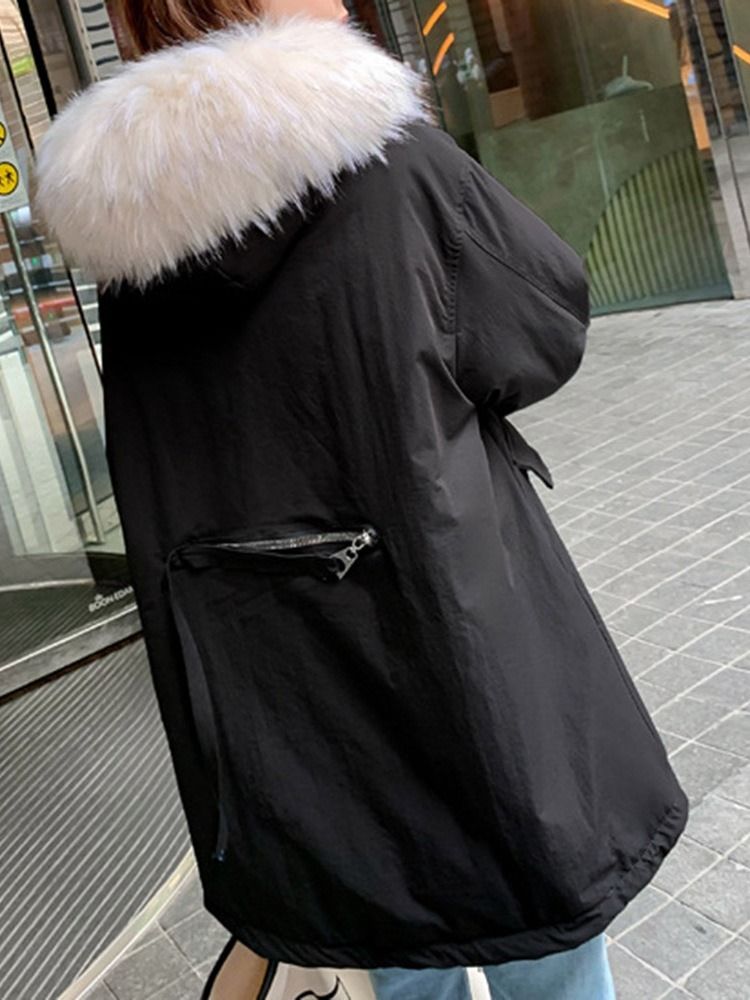 Veste Matelassée En Coton Mi-long Ample À Capuche En Fausse Fourrure À Capuche Épaisse Pour Femme