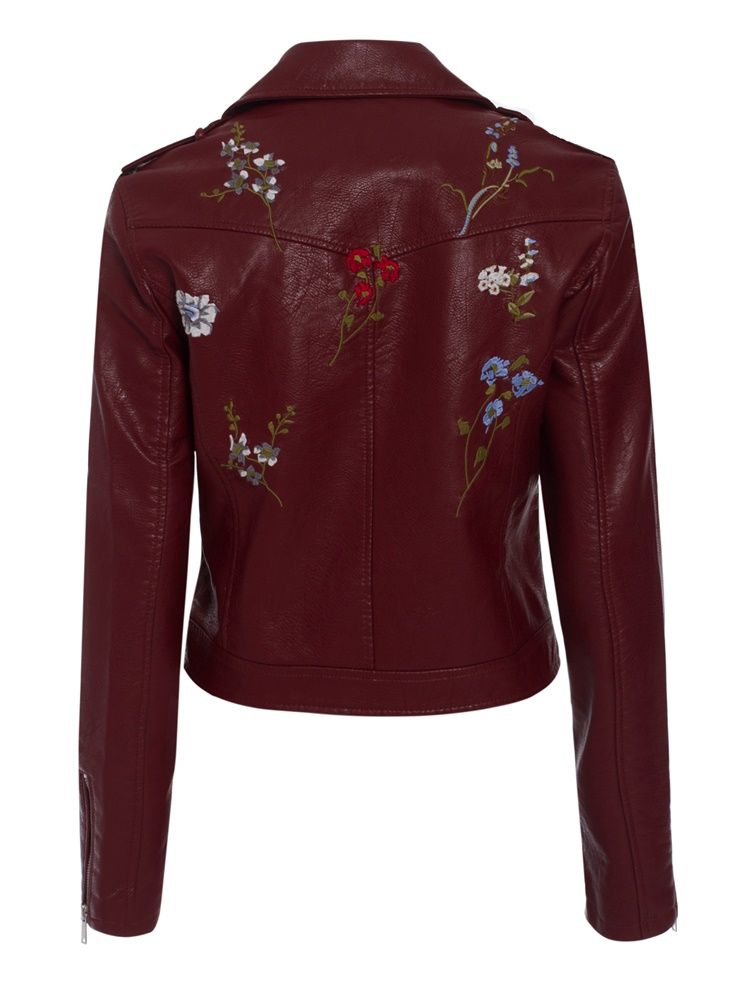 Veste En Pu Pour Femme Unie Brodée Florale À Revers