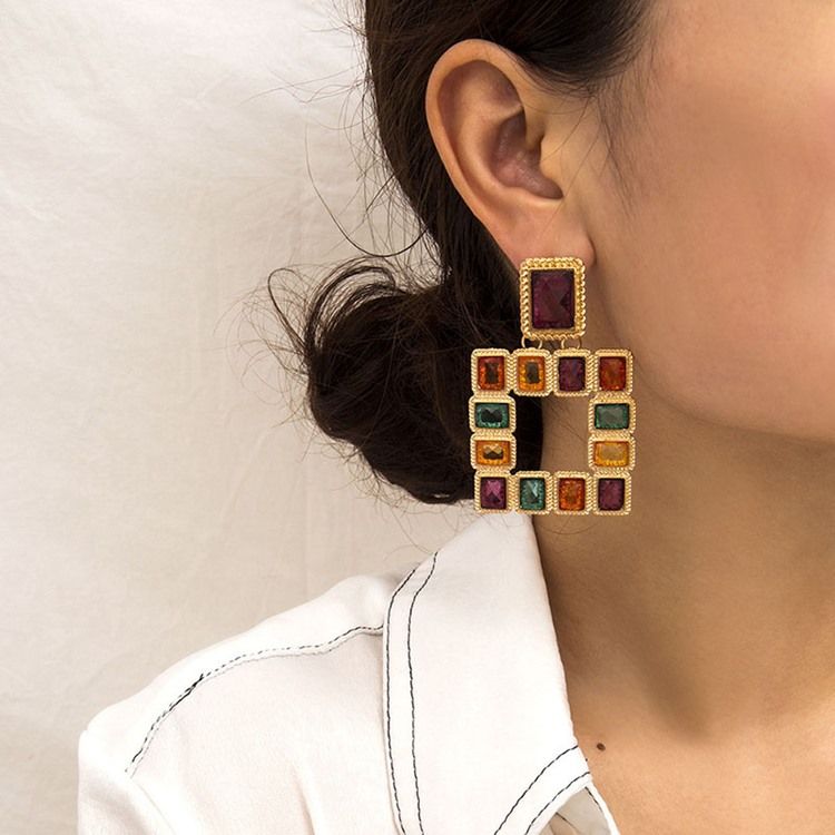 Boucles D'oreilles Carrées Avec Blocs De Couleur Diamant