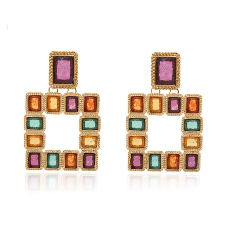 Boucles D'oreilles Carrées Avec Blocs De Couleur Diamant