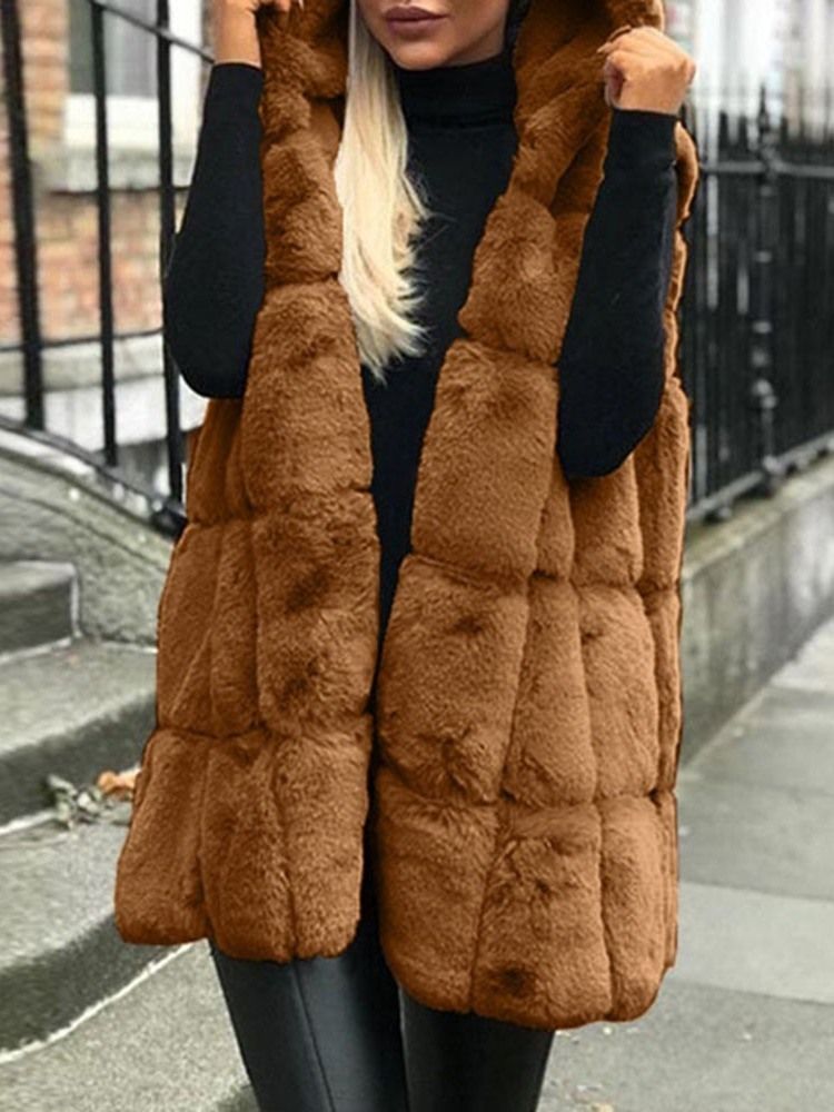 Gilet Mi-long Uni À Capuche En Fausse Fourrure Pour Femme