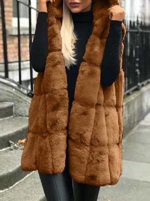 Gilet Mi-long Uni À Capuche En Fausse Fourrure Pour Femme