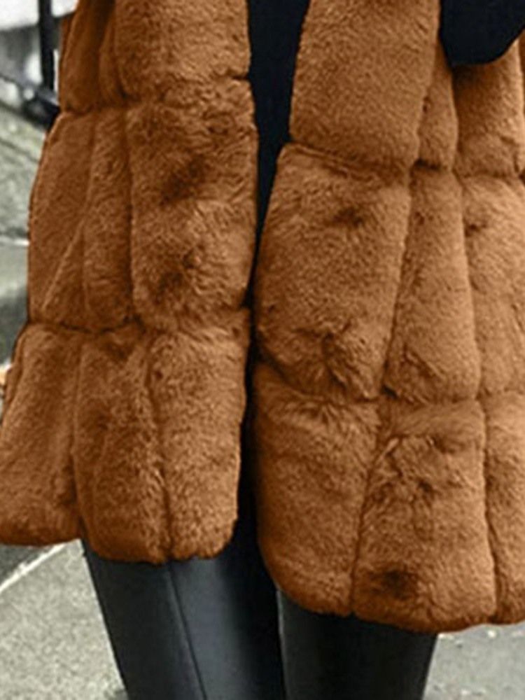 Gilet Mi-long Uni À Capuche En Fausse Fourrure Pour Femme