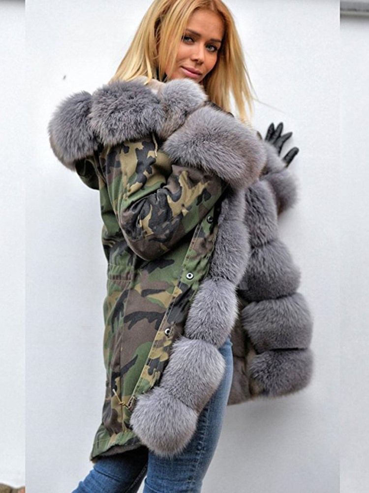 Manteau À Capuche Mi-long En Fourrure De Camouflage Épais Pour Femme