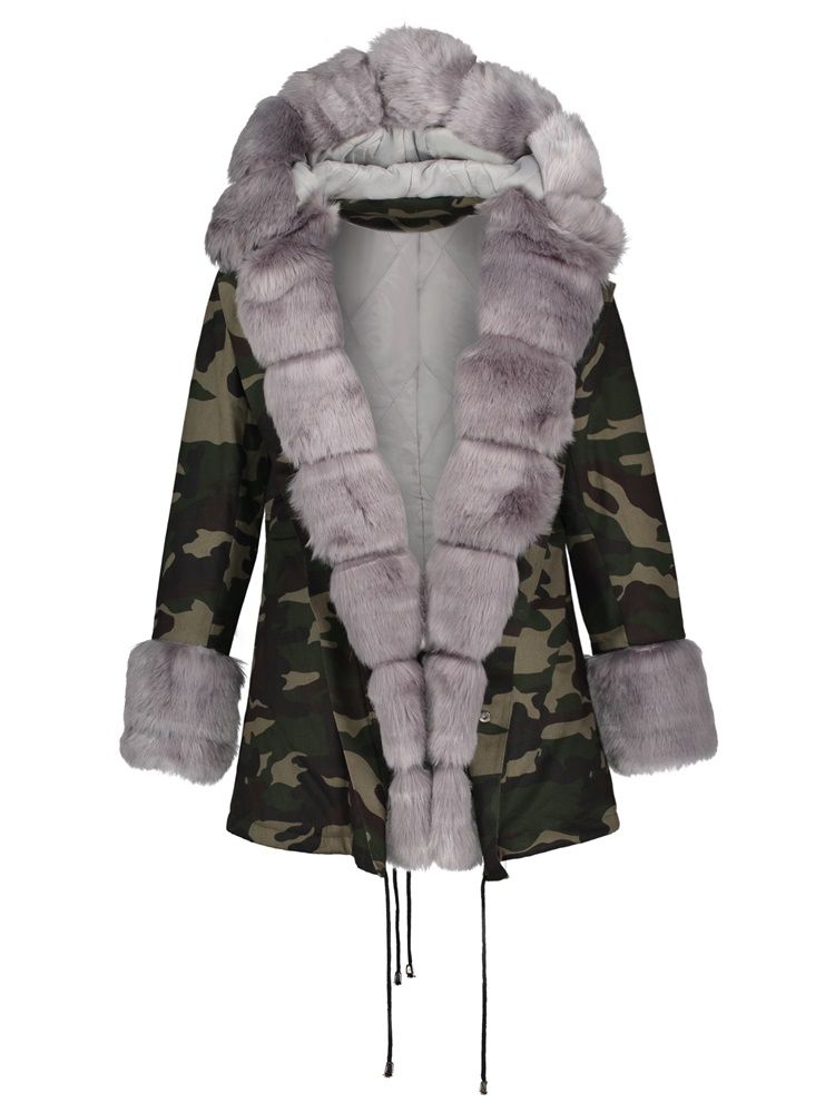 Manteau À Capuche Mi-long En Fourrure De Camouflage Épais Pour Femme