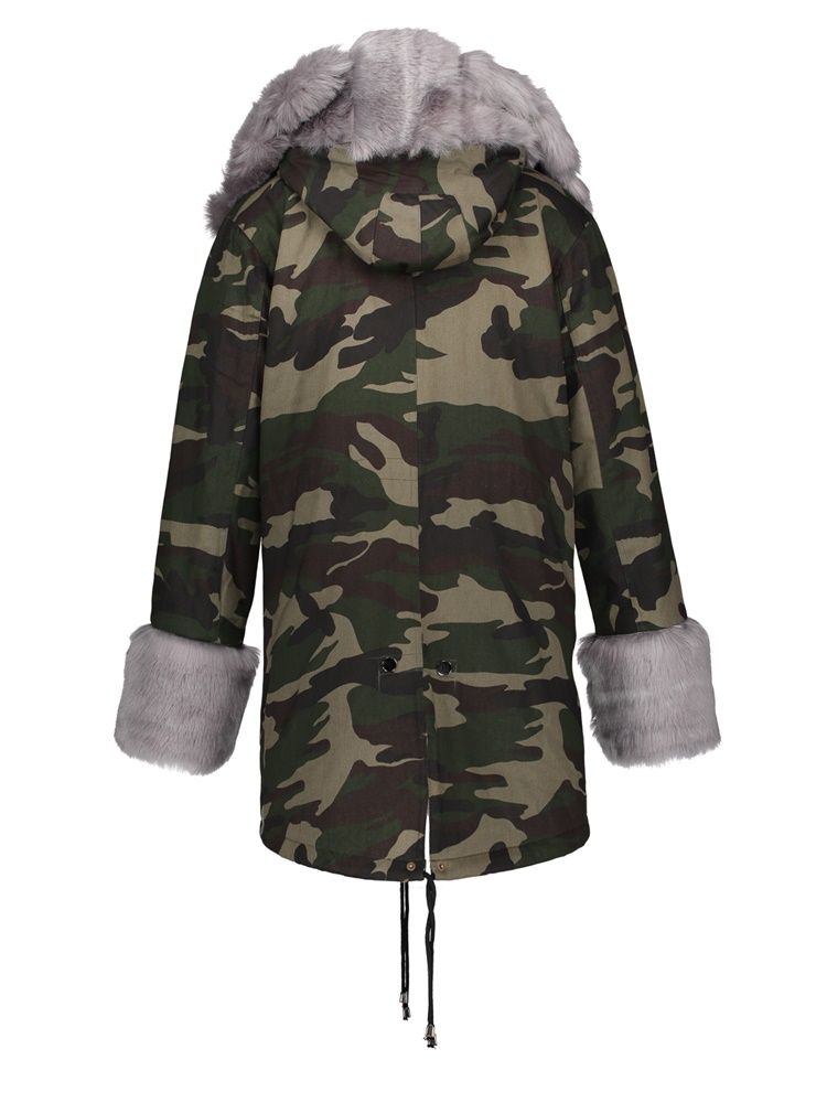 Manteau À Capuche Mi-long En Fourrure De Camouflage Épais Pour Femme