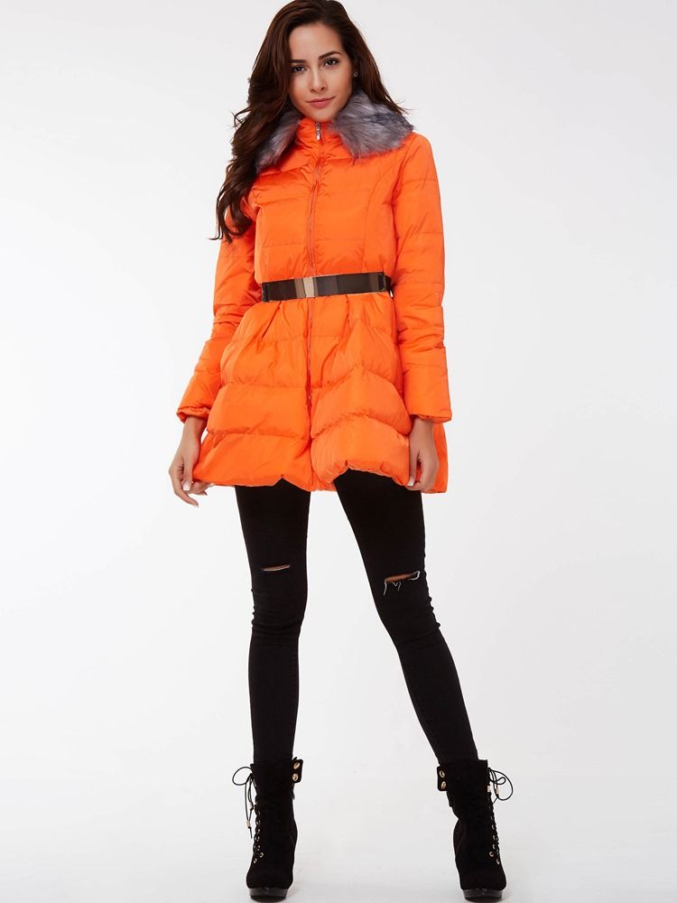 Manteau En Duvet Avec Ceinture Orange Pour Femme