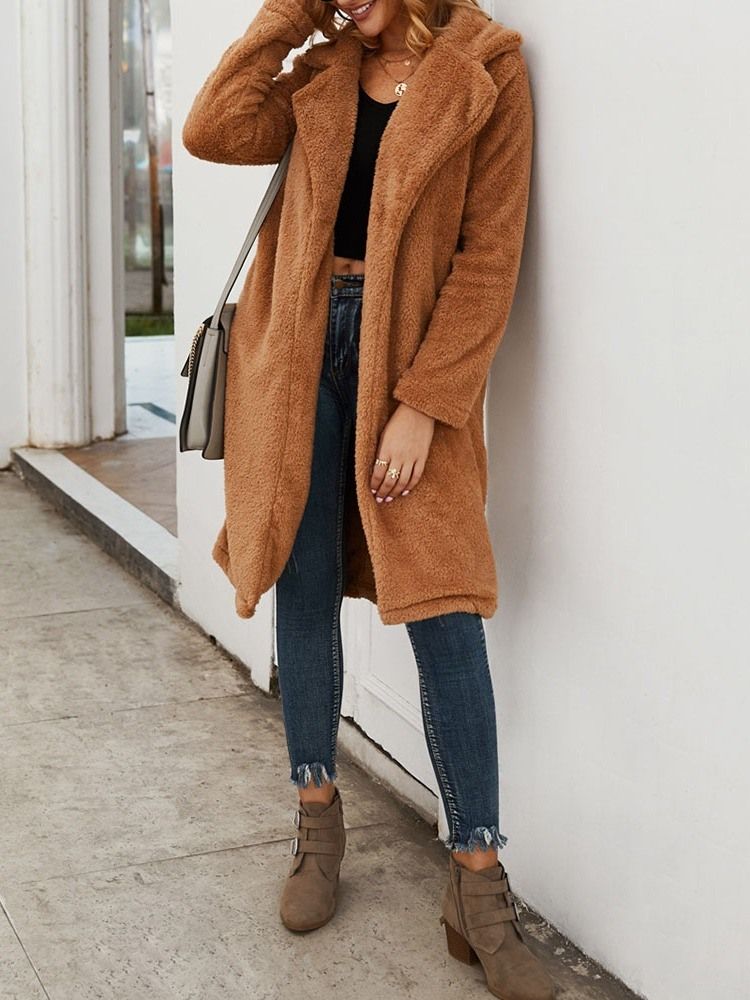 Manteau Long En Fausse Fourrure À Revers Uni Pour Femme