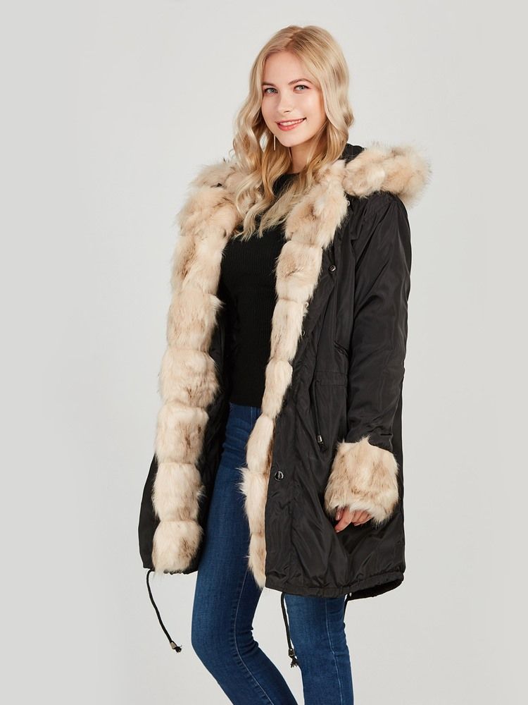 Manteau Mi-long Ample À Col En Fourrure Uni Pour Femme