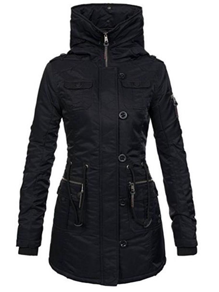 Manteau Uni Mi-long À Capuche Mince Pour Femme