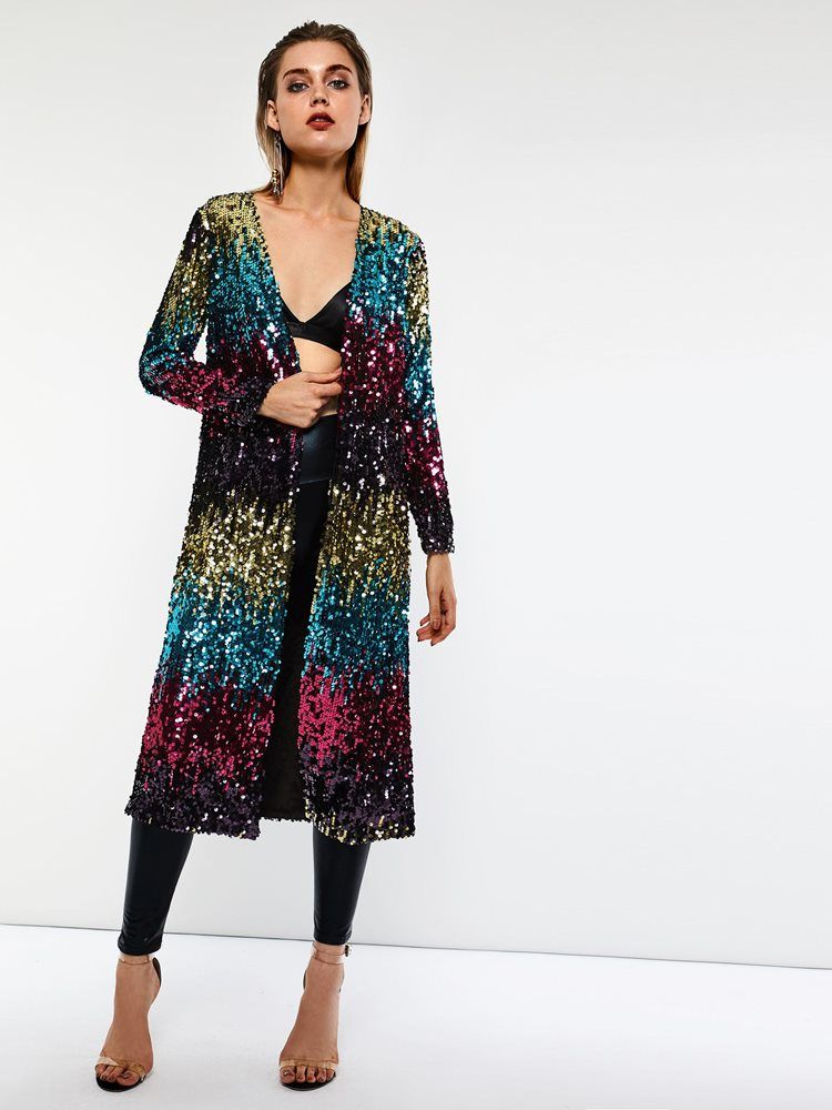 Pardessus D'automne Mi-long À Sequins Enveloppés Pour Femmes