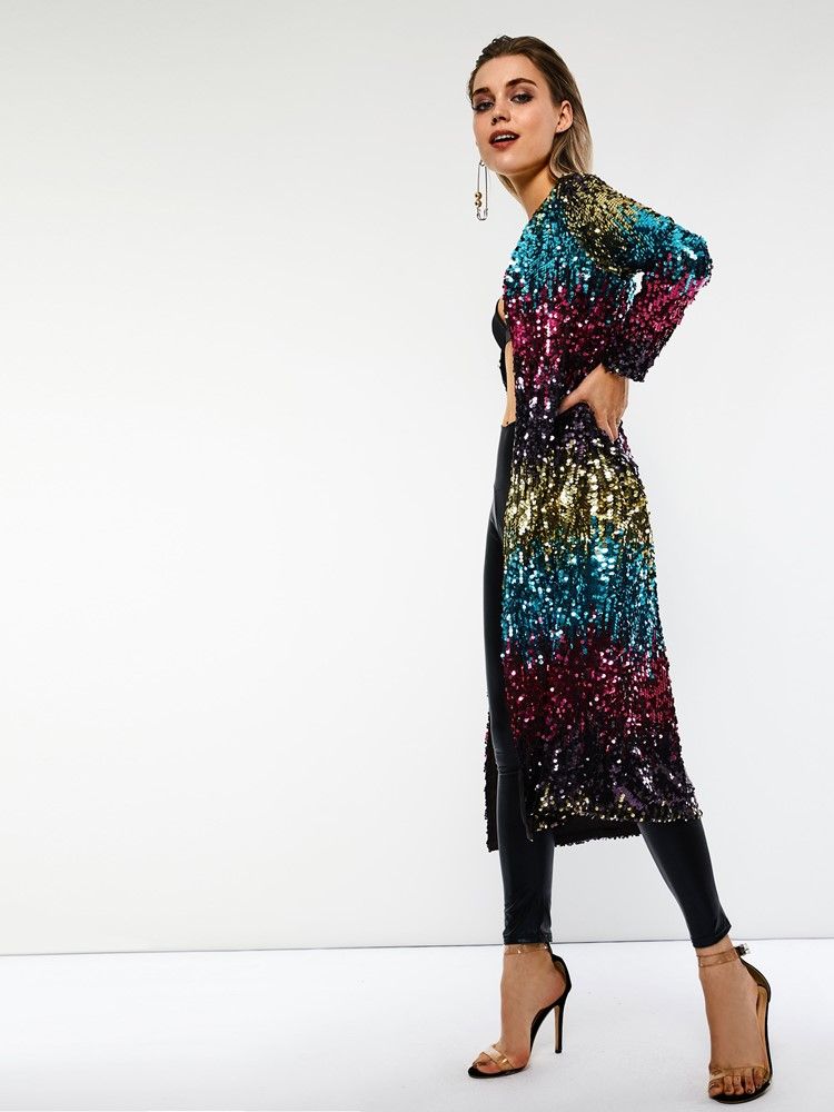 Pardessus D'automne Mi-long À Sequins Enveloppés Pour Femmes