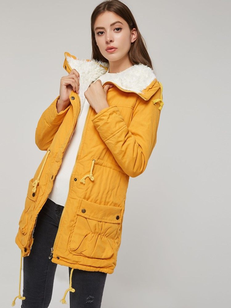 Veste En Coton Matelassée Mi-longue À Fermeture Éclair Avec Poche Pour Femme