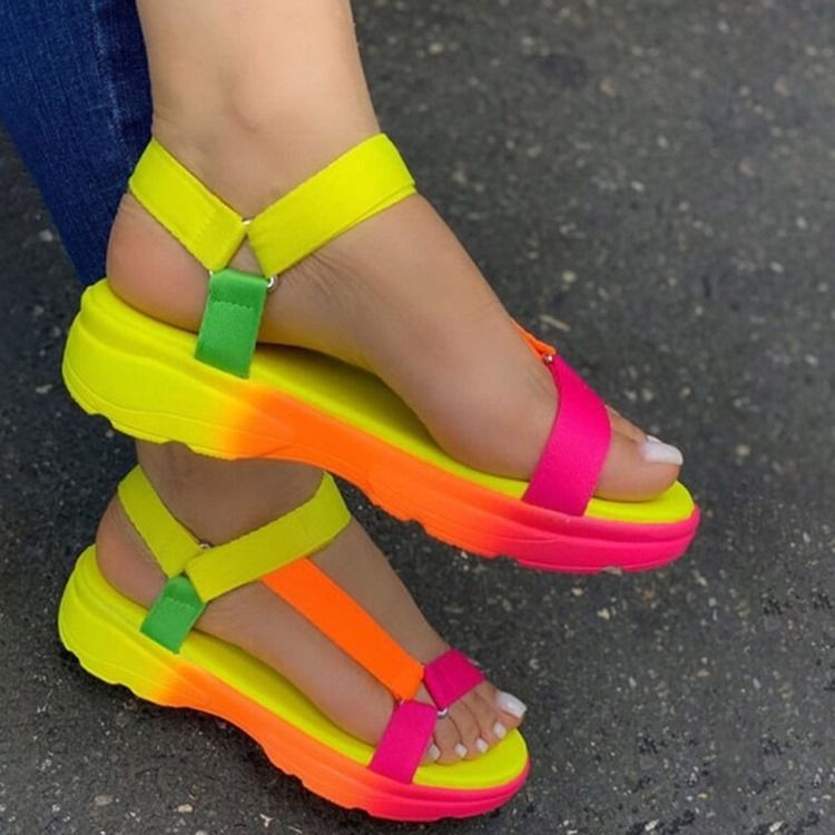 Chaussures Plates Velcro À Bout Ouvert Pour Femmes Avec Sandales De Couleur Bonbon