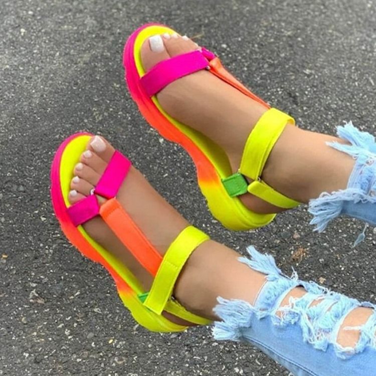 Chaussures Plates Velcro À Bout Ouvert Pour Femmes Avec Sandales De Couleur Bonbon