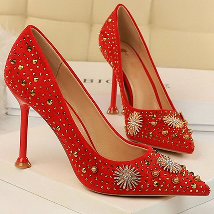 Chaussures À Talons Aiguilles Pour Femmes Bout Pointu Strass Unies