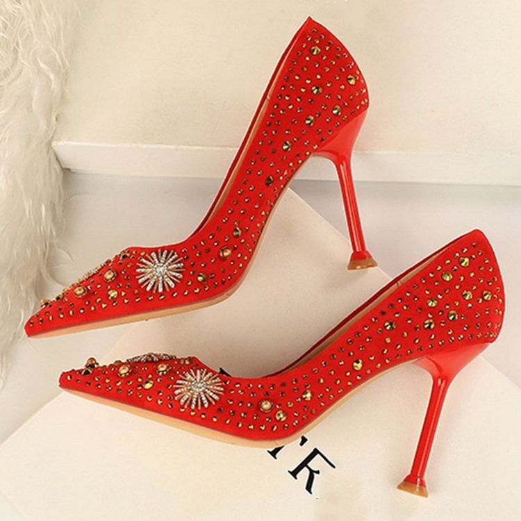 Chaussures À Talons Aiguilles Pour Femmes Bout Pointu Strass Unies