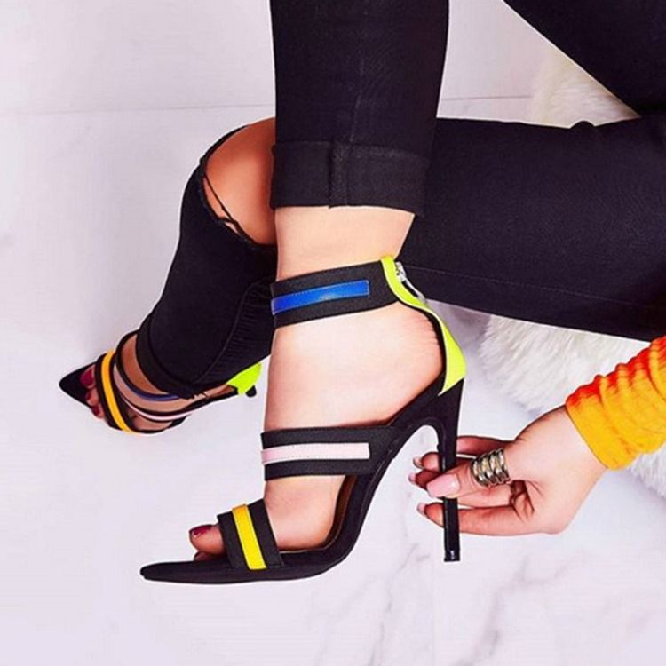 Pu Color Block À Bout Ouvert Zipper Heel Couvrant Les Sandales Pour Femmes