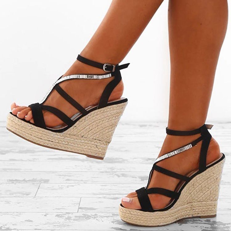 Sandales Espadrilles À Talons Compensés Et À Plateforme Tissée En Strass Pour Femmes