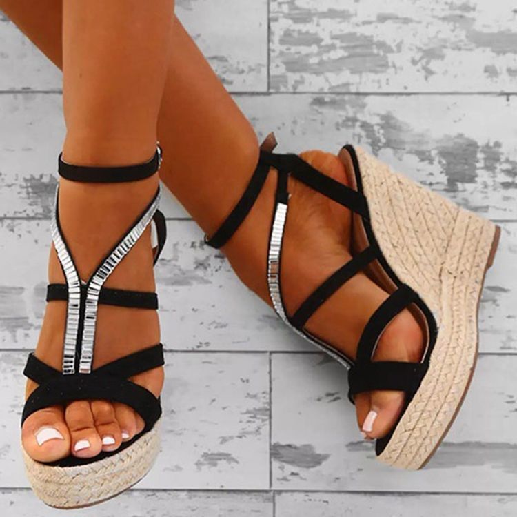 Sandales Espadrilles À Talons Compensés Et À Plateforme Tissée En Strass Pour Femmes