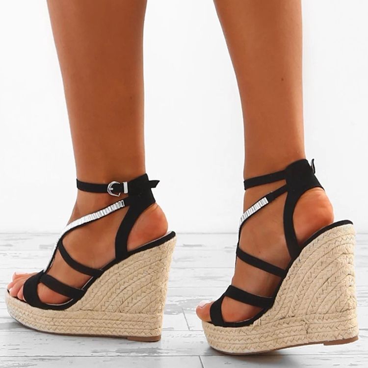 Sandales Espadrilles À Talons Compensés Et À Plateforme Tissée En Strass Pour Femmes