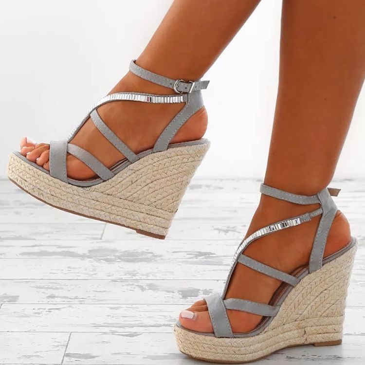 Sandales Espadrilles À Talons Compensés Et À Plateforme Tissée En Strass Pour Femmes