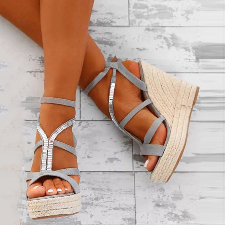 Sandales Espadrilles À Talons Compensés Et À Plateforme Tissée En Strass Pour Femmes