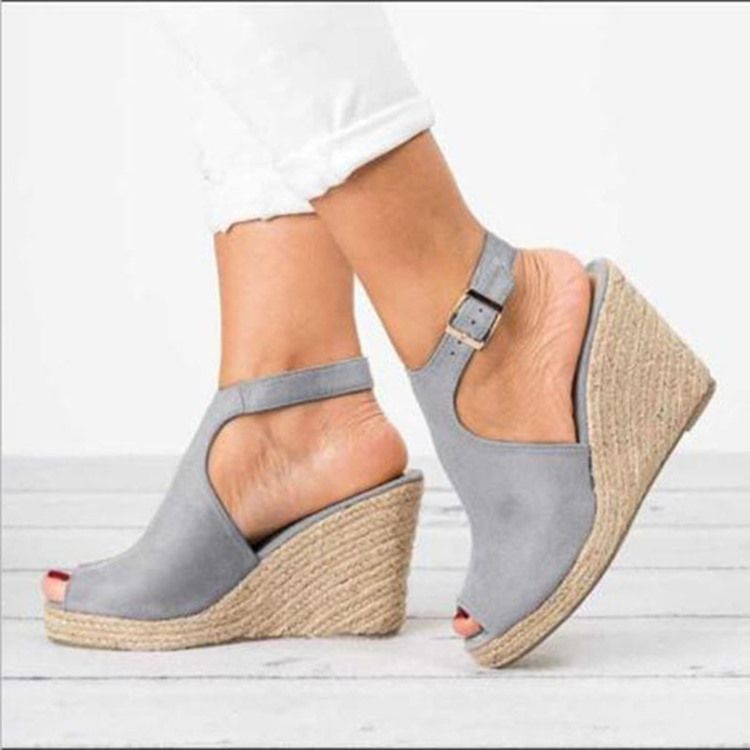 Sandales Pour Femmes À Talons Compensés Et À Boucle Peep Toe En Pu