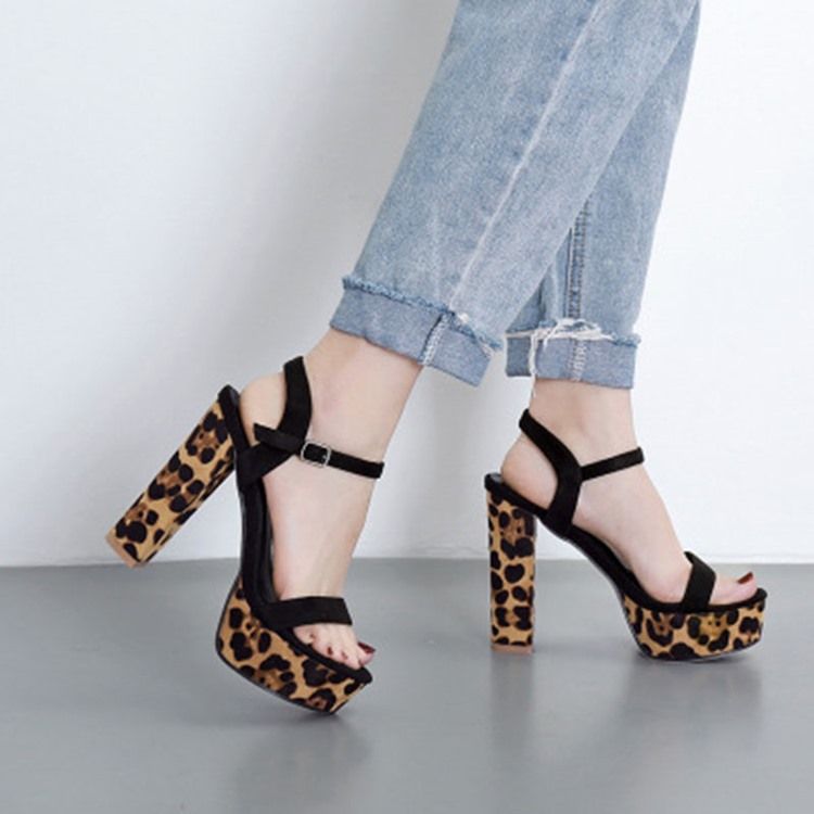 Sandales Imprimées À Talons Épais Et À Boucle De Style Ligne Pour Femmes