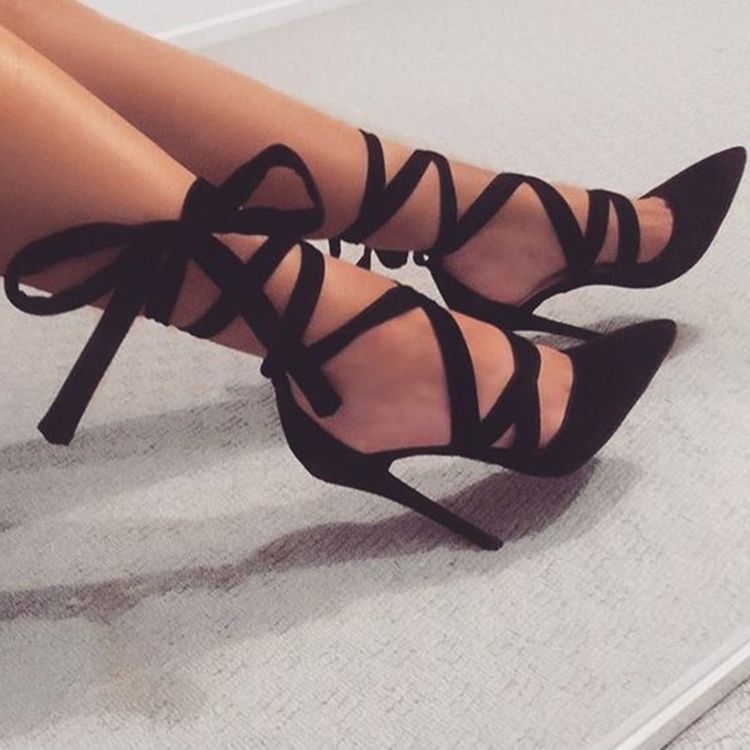 Sandales À Talons Aiguilles À Lacets Noires Sexy Pour Femmes