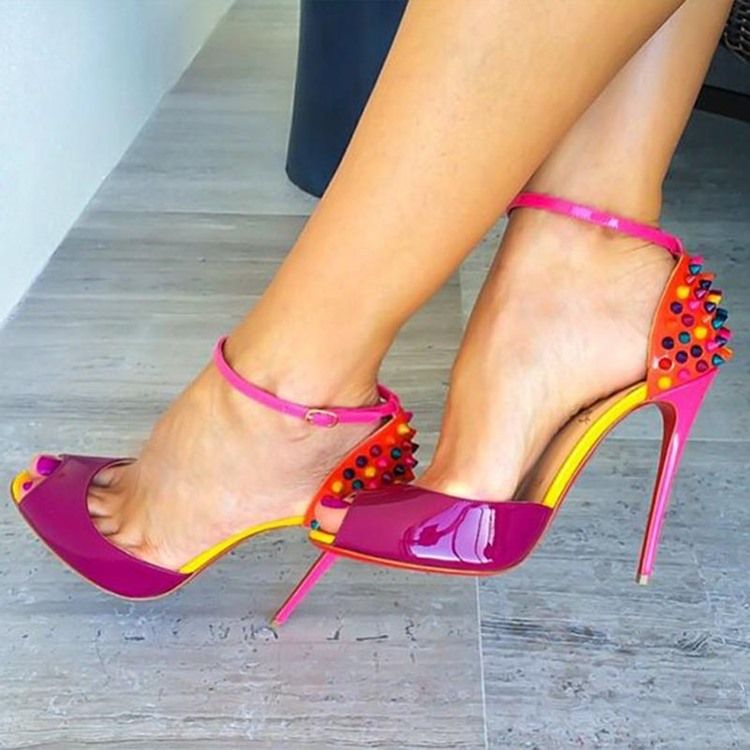 Sandales À Talons Rivetés Color Block Pour Femmes